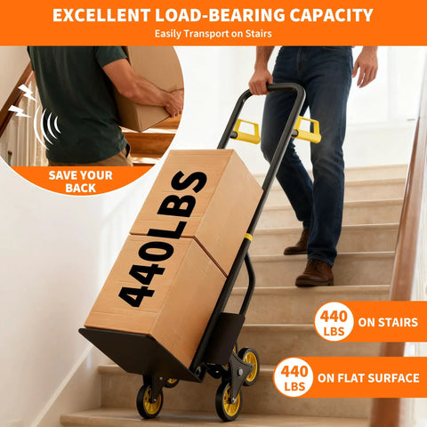3-In-1 Convertible Stair Climbing Hand Truck Dolly With Six Non-Slip Wheels And Adjustable Handle Heavy-Duty Platform Cart That Hauls Up To 440 Pounds On Flat Surfaces And 400 Pounds On Stairs Black And Yellow, stair use