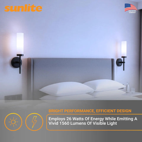 Room with Crisp Daylight 6500K 26W 1560 Lumens Double Quad CFL Tube Bulbs installed on wall sconces