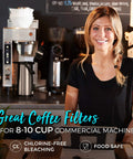 Cafe setting with woman, commercial coffee machine, and large 8 to 10 cup coffee filters decanter style white disposable eco friendly paper basket