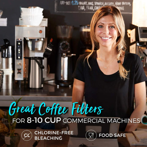 Cafe setting with woman, commercial coffee machine, and large 8 to 10 cup coffee filters decanter style white disposable eco friendly paper basket