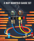 4.5 CFM Vacuum Pump And Gauge Kit Pro-Grade For DIY Mini Split HVAC Auto Systems With Leak Detector, Includes Four Hoses, Two R134a Can Taps, R134a R22 R410a Compatible, Upgraded Tri-Fold Storage Case And Four Adapters. 4-way manifold gauge set with color-coded hoses and quick couplers