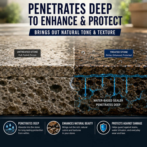 Comparison of treated and untreated stone surfaces showing color enhancement with No Fuss Top Shelf Slick Water Based Color Enhancing Sealant For Natural Stone Pavers Concrete Brick And Grout Revives Weathered Floors Indoors Or Patios With Durable Breathable Shield Huge Four Gallon Can.