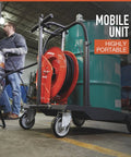 Heavy Duty Pneumatic Oil Pump Kit With 50 Foot Retractable Air Hose Reel 3.7 GPM mobile trolley unit in garage for fluid transfer.