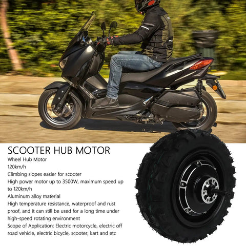 Rider on scooter with tire close-up showcasing Beefy 11 Inch Wheel Hub Motor For 36 To 120V Systems 500 To 3500W Electric Motorbike Scooter Hub Drive Ideal For Electric Bikes Go Karts Off Road Builds And DIY Projects