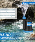 One Third HP Submersible Water Pump 2400 GPH Portable Thermoplastic Sump Pump in use by a water edge for drainage