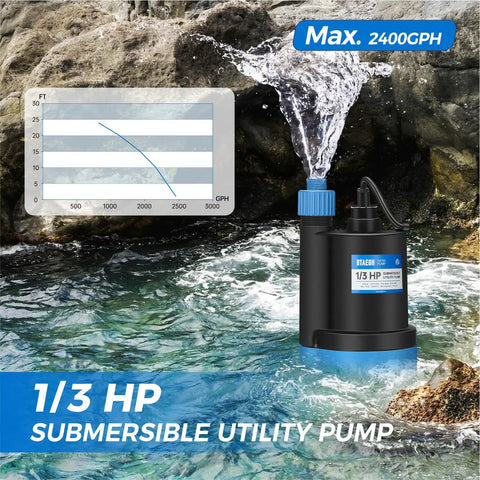 One Third HP Submersible Water Pump 2400 GPH Portable Thermoplastic Sump Pump in use by a water edge for drainage