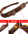 Rifle Sling With Two Point Eight Inch Wide Double Layer Crazy Horse Leather Ammo Holder Adjustable Replacement Gun Strap With Swivels Beefy Brown Leather For Hunting And Range Use, showing bullet storage bags and thumb buckle.
