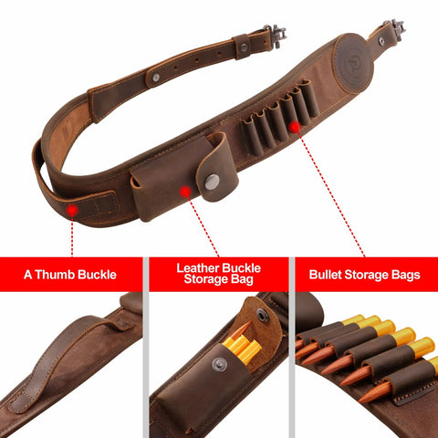 Rifle Sling With Two Point Eight Inch Wide Double Layer Crazy Horse Leather Ammo Holder Adjustable Replacement Gun Strap With Swivels Beefy Brown Leather For Hunting And Range Use, showing bullet storage bags and thumb buckle.
