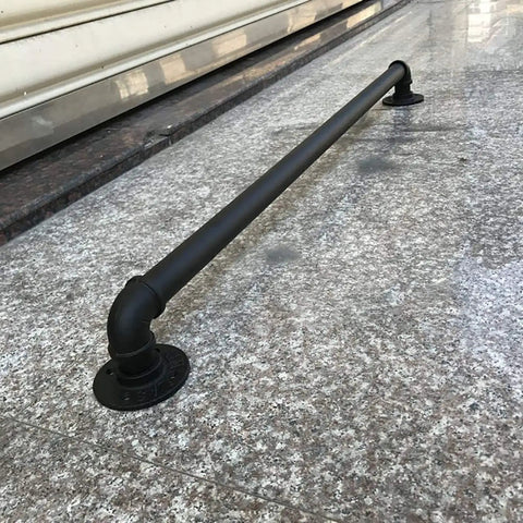Tough As Nails Black Wrought Iron Stair Handrail With Galvanized Pipe Build For Indoor Or Outdoor Step Support Rock Solid Antiskid Safety Grab Bar For Hallway Bathroom And Stairs 16 Foot Size mounted on granite floor