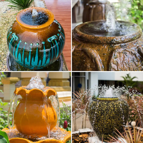 Four decorative water fountains, showcasing DIY solar fountain pump 2.5W with six nozzles and four foot water pipe in garden settings.