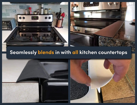 Two Pack Silicone Stove Gap Covers For 25 Inch Gaps Between Stovetop And Counter Heat Resistant Gap Filler And Guard Easy To Clean Black Kitchen Accessory To Stop Messes And Crumbs shown sealing a stove gap