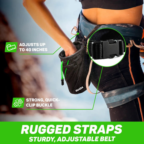 Chalk Bag For Rock Climbing And Multi Purpose Training Gear With Quick Clip Belt worn by climber, showing adjustable straps.