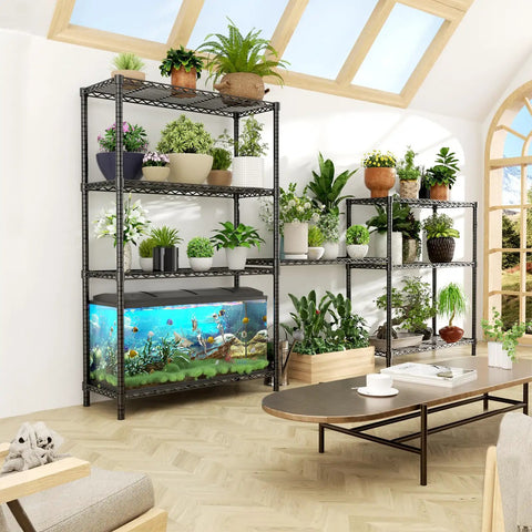 Beefy 3 Tier Wire Shelving Unit With 1200 Lbs Total Capacity And 400 Lbs Per Shelf, holding plants and aquarium in sunlit room.