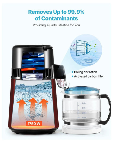 Premium Countertop Water Distiller With Four Liter Capacity And 1750 Watt Powerhouse, showing glass carafe and water distillation process.