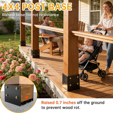 Thickened 4x4 Post Base For Concrete With Hidden Anchor And Raised Base Design built to last deck installation view