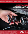 Hand holding Universal Joint Set For One Half Inch, Three Eighths Inch, And One Quarter Inch Drive - Swivel U Joint Socket Kit with aluminum rail