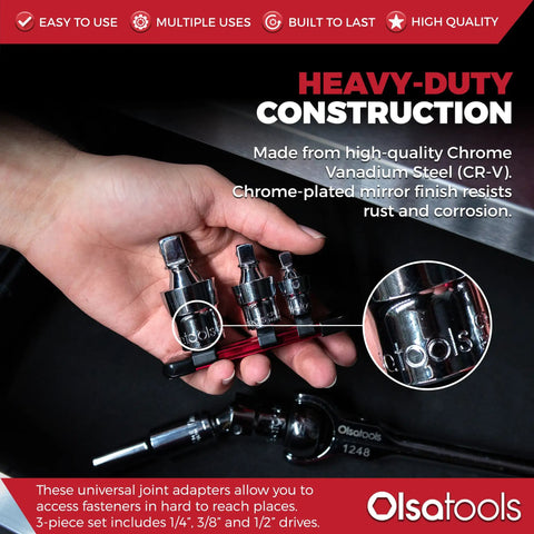 Hand holding Universal Joint Set For One Half Inch, Three Eighths Inch, And One Quarter Inch Drive - Swivel U Joint Socket Kit with aluminum rail