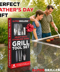 Two people grilling outdoors with 4 Piece BBQ Grill Tools Set With Spatula Fork Tongs And Silicone Brush package on table.