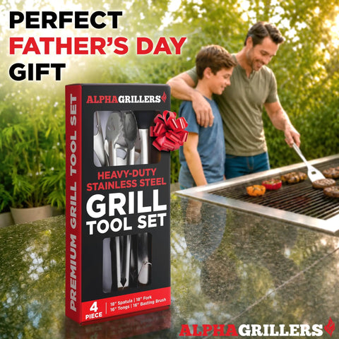 Two people grilling outdoors with 4 Piece BBQ Grill Tools Set With Spatula Fork Tongs And Silicone Brush package on table.