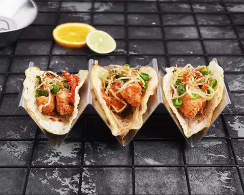 Stainless Steel Taco Holders 4 Pack with grilled tacos, easy taco night, durable taco stand rack tray style, oven and grill safe