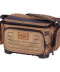 Angled view of khaki Guide Series 3500 Soft Tackle Bag with five 3500 Stowaway boxes, durable 1680 Denier fabric, waterproof base