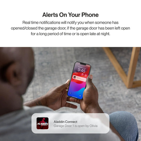 Person holding smartphone showing notification for WiFi Enabled Smartphone Garage Door Controller Lets You Monitor Open And Close Your Door From Anywhere With iPhone Or Android, Works With Alexa And Google Assistant For Hands Free Smart Home Control.