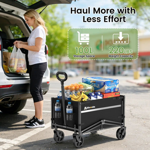 Heavy Duty Collapsible Wagon Cart That Hauls Up To 220Lb With All Terrain Wheels And 360 Degree Rotation Portable Utility Cart For Camping Beach Grocery Sports And Outdoor Shopping loaded with groceries