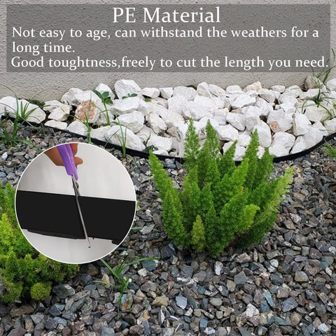 No Dig Landscape Edging Kit 33FT Long 4IN Tall Black HDPE Border With detail of edging being cut next to garden bed