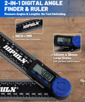 Dead On Digital Angle Finder Protractor With LCD Display For Woodworking And Home Renovation Projects Boasting Hella Precise 0 To 360 Degree Measurements Plus Built In 7 Inch Tape Measure And Dual Battery Power, showing digital display and ruler.