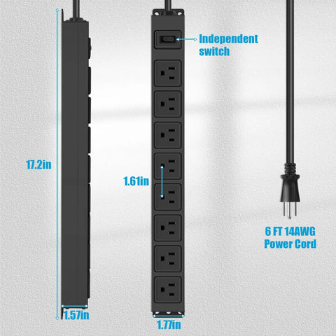 Eight Outlet Magnetic Power Strip With 6 Ft 14AWG Cord Mounts On Metal Surfaces No Drill Setup Includes Four Screws For Easy Wall Or Desk Use Perfect For Garage Shop Or Home Office, 17.2in view