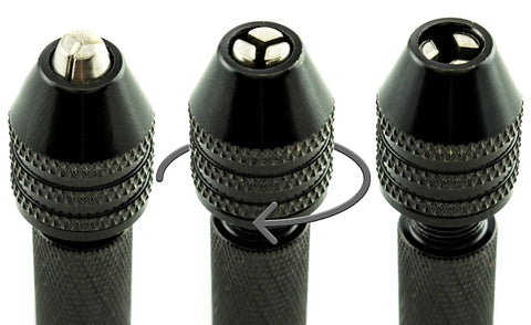 Pro Grade Precision Pin Vise Hand Drill Kit With Twist Bits For Miniature Models and Detail Work, showing interchangeable chuck heads.