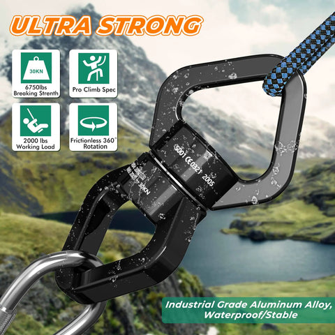 Heavy Duty 30Kn Swivel Carabiner With Legit 360 Degree Spin For Aerial Yoga Routines and Backyard Tree Swing Hooks, showcasing aluminum alloy design.