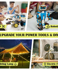 Collage of DIY projects with a boy assembling RC cars, a robot, LED lighting canopy, and electric fan, showcasing Two Pack 18V Battery Power Wheel Adapter Kit With Switch And Fuse 12AWG Wire And Wire Terminal Power Conversion For DIY RC Cars Ride On Trucks And Power Tools.