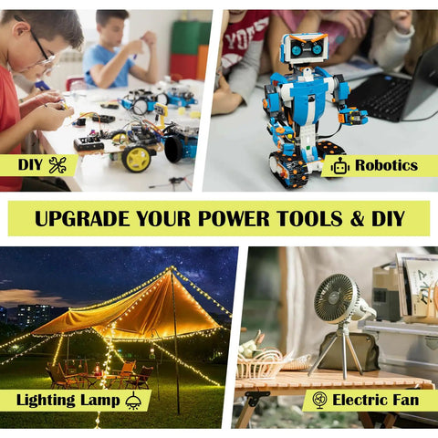 Collage of DIY projects with a boy assembling RC cars, a robot, LED lighting canopy, and electric fan, showcasing Two Pack 18V Battery Power Wheel Adapter Kit With Switch And Fuse 12AWG Wire And Wire Terminal Power Conversion For DIY RC Cars Ride On Trucks And Power Tools.