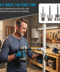Man using Complete 3Pc Pvc Pipe Threading Tool Kit For 1/2, 3/4, And 1 Inch Pipes to thread pipe fittings in workshop.