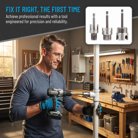 Man using Complete 3Pc Pvc Pipe Threading Tool Kit For 1/2, 3/4, And 1 Inch Pipes to thread pipe fittings in workshop.