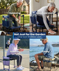 Foldable Garden Kneeler Seat With Upgraded No Slip Base And Removable Cushion, 350 Lbs Capacity, 10.2 Inch Wide EVA Pad, Detachable Cloud Cushion, 2 In 1 Kneeler Bench For Seniors shown in use for gardening, household chores, outdoors, and fishing.