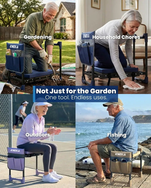 Foldable Garden Kneeler Seat With Upgraded No Slip Base And Removable Cushion, 350 Lbs Capacity, 10.2 Inch Wide EVA Pad, Detachable Cloud Cushion, 2 In 1 Kneeler Bench For Seniors shown in use for gardening, household chores, outdoors, and fishing.