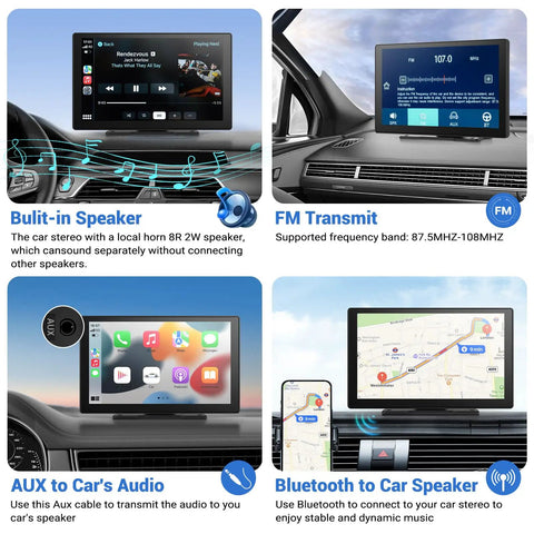 Wireless Apple CarPlay Car Stereo 9 Inch Dash Screen with Android Auto showing speaker and audio features
