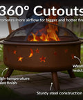 Bronze 30 Inch Outdoor Wood Burning Fire Pit with Grill Grate, Spark Screen, and Poker highlighting 360° cutouts and airflow