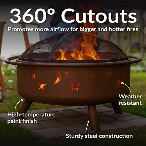 Bronze 30 Inch Outdoor Wood Burning Fire Pit with Grill Grate, Spark Screen, and Poker highlighting 360° cutouts and airflow