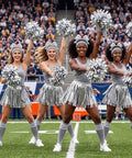 Cheerleaders wearing 73 Piece Silver Spirit Wear Kit For Girls With Bulk Pep Rally Essentials Including Cheer Pom Poms
