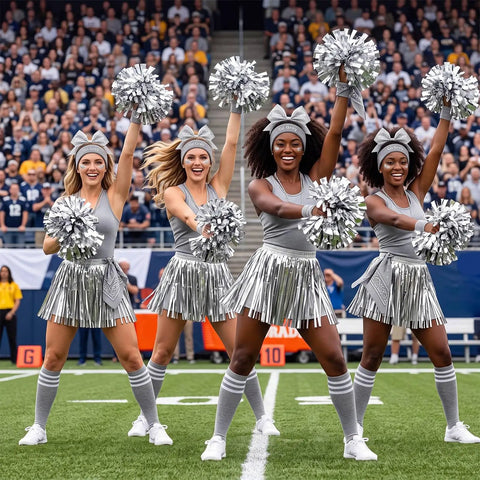 Cheerleaders wearing 73 Piece Silver Spirit Wear Kit For Girls With Bulk Pep Rally Essentials Including Cheer Pom Poms