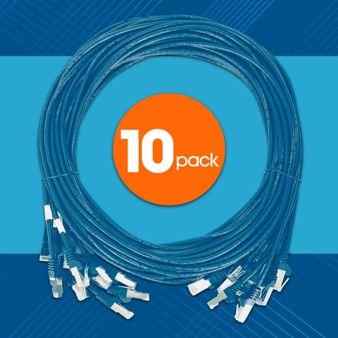 Slim Cat6 Ethernet Patch Cable Kit, 10 Pack, 1 Ft Rack-Friendly Length, Snagless Boots, 30AWG Pure Bare Copper in Blue