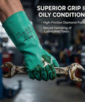 Real Deal Nitrile Chemical Resistant Work Gloves, 18 Mil Thick Puncture Proof Industrial Safety Gear, 12 Pair Pack Handled Tough Chemical Spills With Ease, Large Size Shop Proven Heavy Hitters wearing oily wrench.