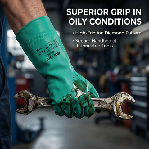 Real Deal Nitrile Chemical Resistant Work Gloves, 18 Mil Thick Puncture Proof Industrial Safety Gear, 12 Pair Pack Handled Tough Chemical Spills With Ease, Large Size Shop Proven Heavy Hitters wearing oily wrench.