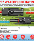 Diagram showing IP67 waterproof rating for solar connectors on Two Pack Fifty Foot 10 AWG Solar Panel Extension Cables For RVs