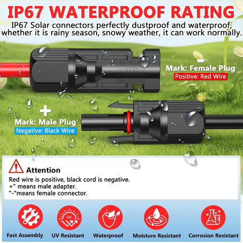 Diagram showing IP67 waterproof rating for solar connectors on Two Pack Fifty Foot 10 AWG Solar Panel Extension Cables For RVs
