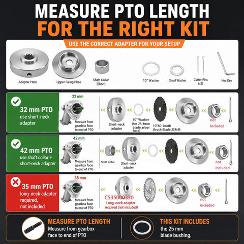 Diagram for Stainless Steel Brush Cutter Blade Adapter Kit For Eleven Spline Straight Shaft 225 And 230 Series, 32mm-42mm PTO lengths.