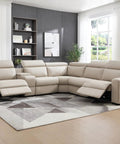 Beige brown power recliner sectional sofa with storage and USB port, leather look reclining couch, adjustable headrest, cup holders